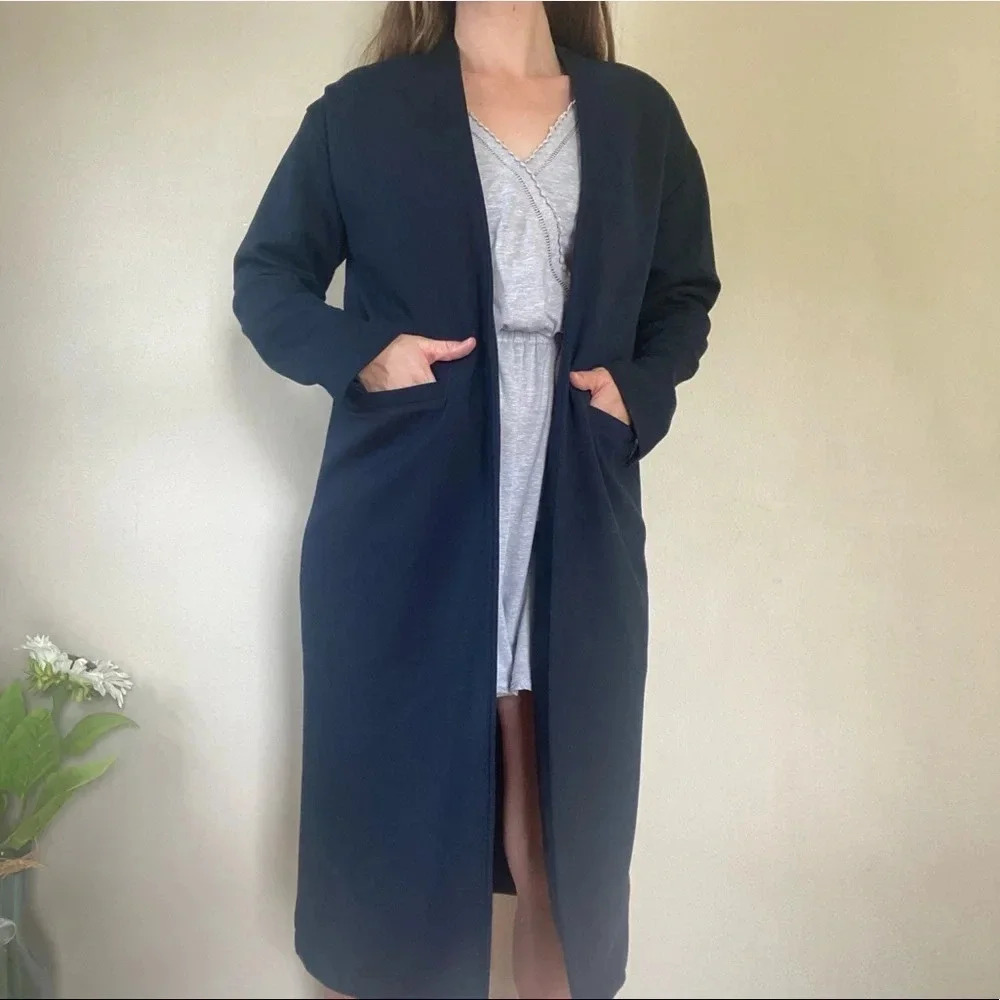 Moussy Navy Blue Minimalist Contemporary Longline Open Coat Cardigan